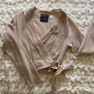 Size Medium wrap cardigan. Tan, lightweight, 100% merino wool by Guinevere.